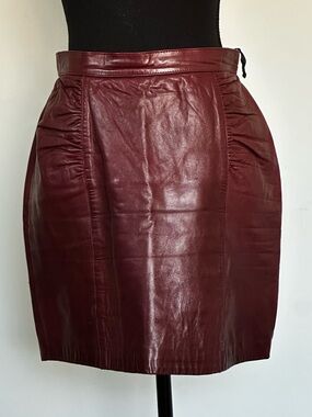 Vintage Milanoza Collection Burgundy Leather Mini Skirt with Ruched Panels